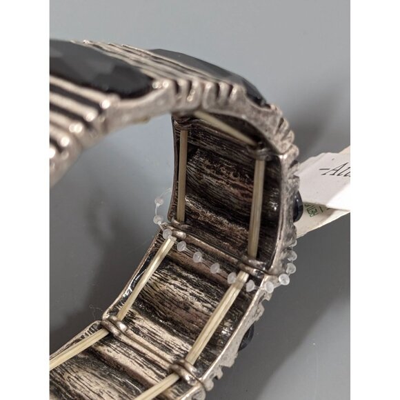Attitudes Black Glass Bracelet Industrial Modernist Silver Tone Stretch 6.5" - Picture 6 of 9